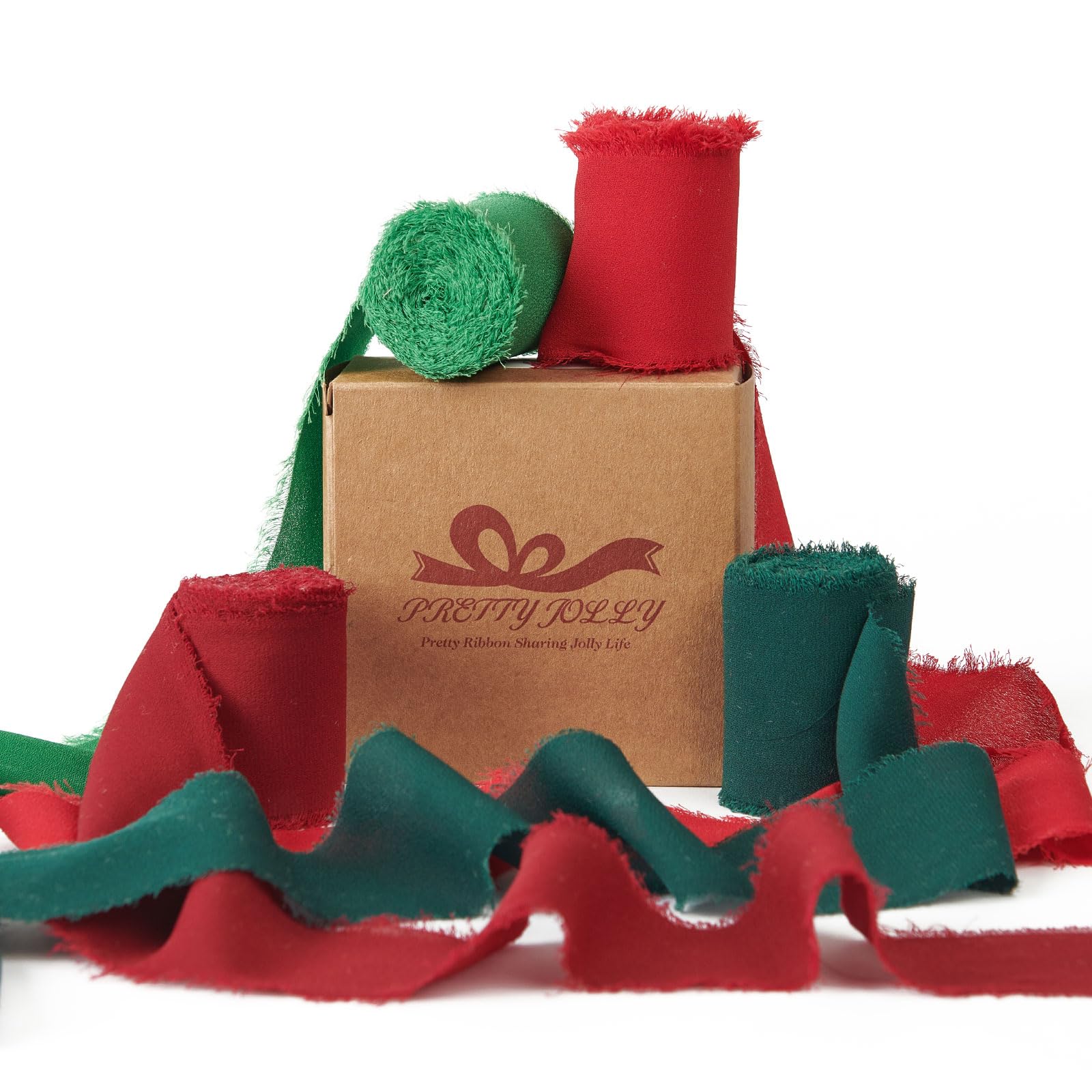 Pretty Jolly Red Green Chiffon Ribbon for Gift Wrapping 4 Rolls 2 Inch x 5Yd Silk Ribbons Handmade Fringe Fabric Ribbon for Flow