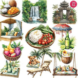 1 Pack of Bali Scenery and Food Stickers, Creative Handmade DIY CutOut Stickers for Scrapbooks, Diaries, Notebooks, Photo Album