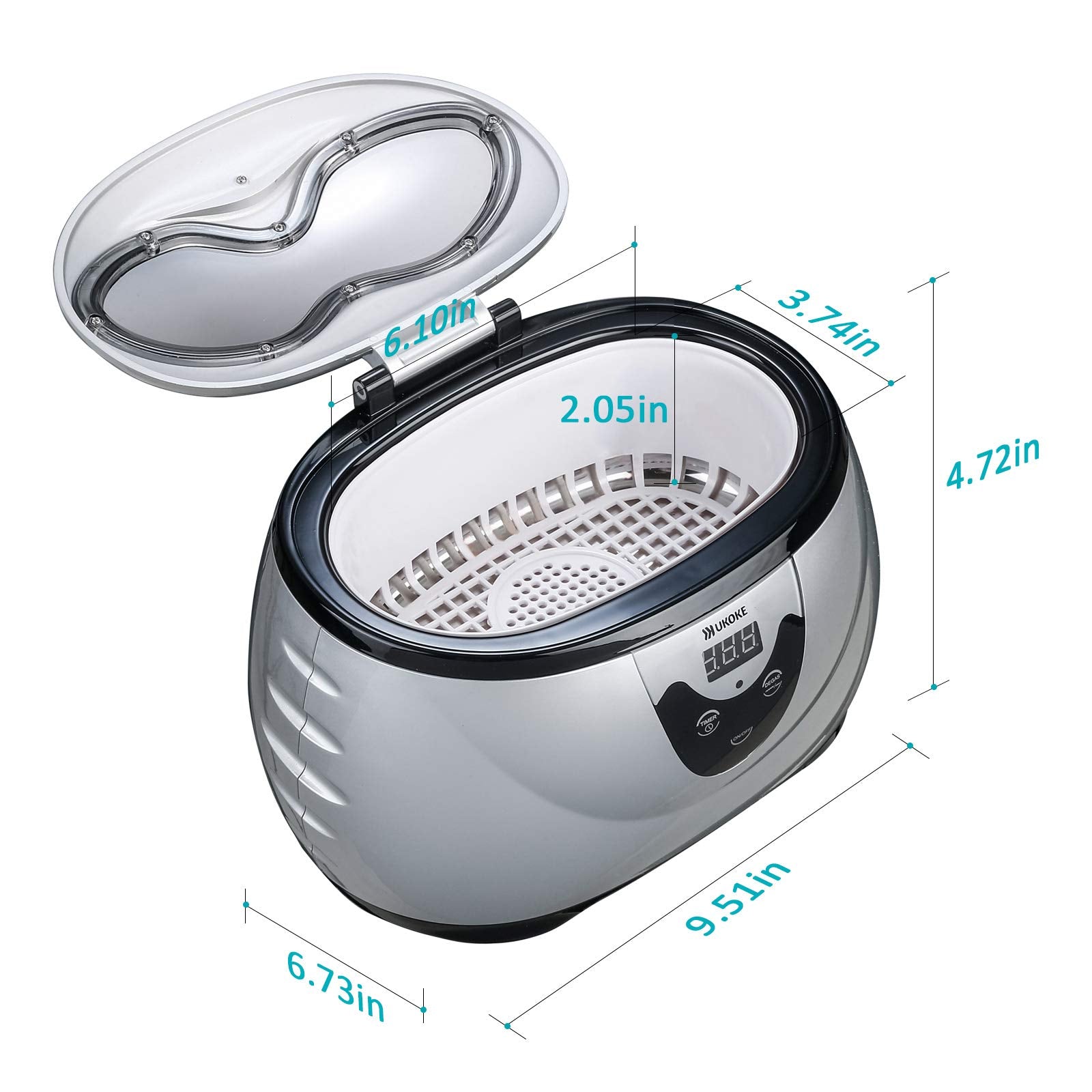 UKOKE 3800S Professional Ultrasonic Jewelry Cleaner Machine, 0.6L Portable Household Timer Device for Eyeglasses, Dentures, Watc