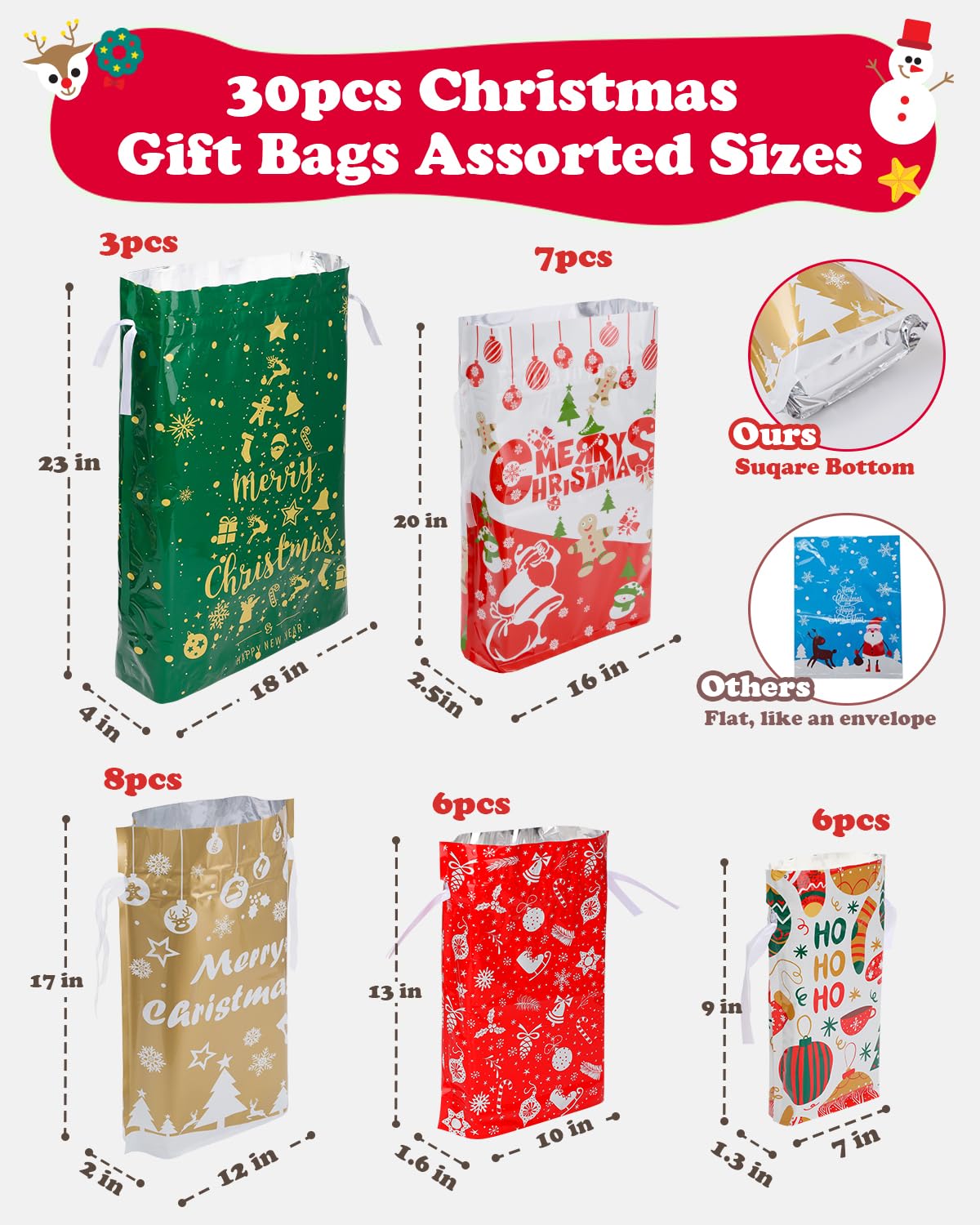 Christmas Gift Bags, 30pcs Christmas Bags for Gifts, Drawstring Christmas Gift Bags Assorted Sizes-Large, Medium, Small, Christm