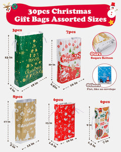 Christmas Gift Bags, 30pcs Christmas Bags for Gifts, Drawstring Christmas Gift Bags Assorted Sizes-Large, Medium, Small, Christm