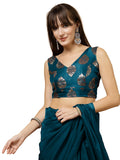 OOMPH! Women's Indian Ethnic Wear Designer Big Paisley Pattern Zari Work V Neck Sleeveless Teal Blue Color Brocade Readymade Blo