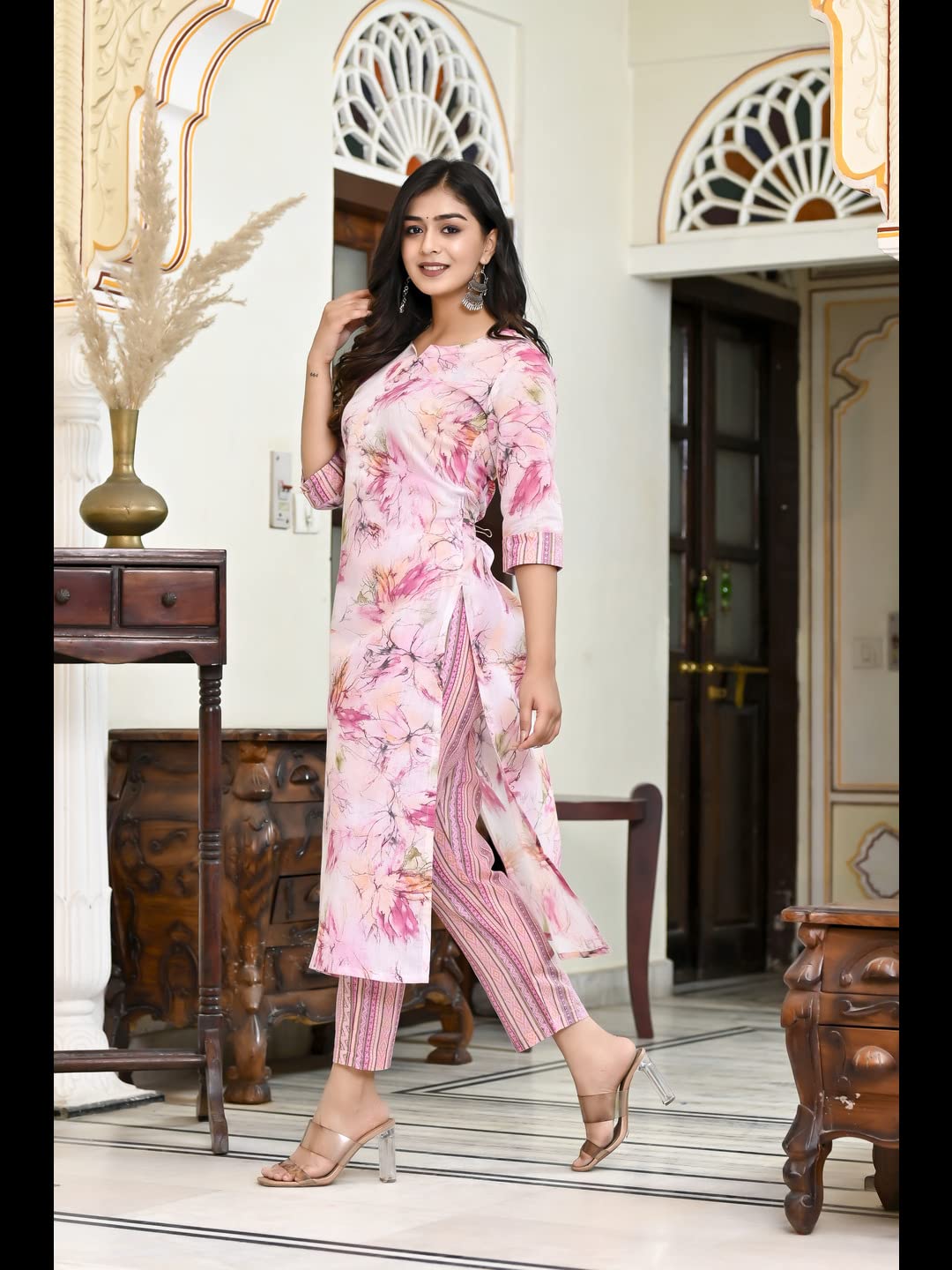 Anni Designer Women'S Cotton Blend Printed Straight Kurta With Pant (Ps-Pink-Cmd_Xxl_Pink_Xx-Large),Baby Pink,2XL,Cotton Blend,Regular,Kurta