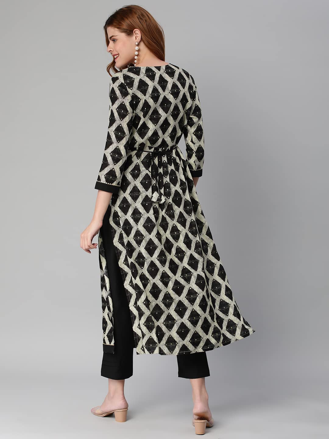Gosriki Women'S Cotton Blend Chex Printed Straight Kurta With Pant (Chix Black-Gs_Xl_Black_X-Large),Black,,B0BXLS3GMR