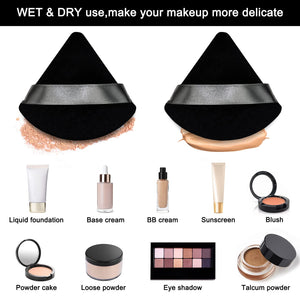 12 Pieces Black Cosmetic Powder Puff,2.76 inch Portable Soft Sponge Setting Face Puffs,Triangle Velvet Powder Puff with Ribbon B
