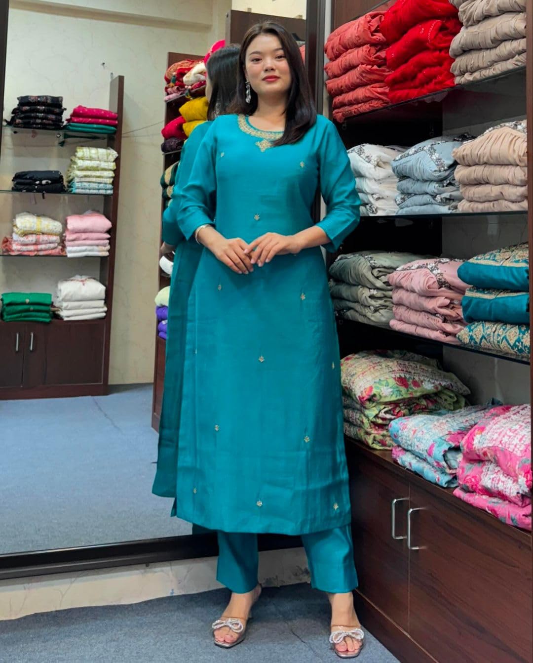 Gosriki Women'S Rayon Blend Straight Embroidered Kurta With Pant (Bloom Sky Blue-Vks01-Gs_L_Sky Blue_Large),Sky Blue,,B0DK9P8964