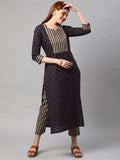 Anni Designer Women'S Cotton Blend Printed Straight Kurta With Pant (Sarva-Dark Blue_S_Dark Blue_Small),Dark Blue,S,Cotton Blend,Regular,kurta