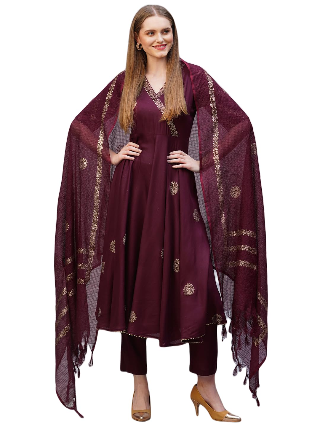 Gosriki Women'S Rayon Blend Printed Anarkali Kurta With Pant & Dupatta (Berlin Wine-Nb-Gs_L_Wine_Large),Wine,,B0CYGR238K