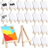Fuutreo 200 Pcs Mini Canvas and Easel Set 100 Mini Stretched Canvas with 100 Wooden Easels for Acrylic Pouring Oil Paint Water C