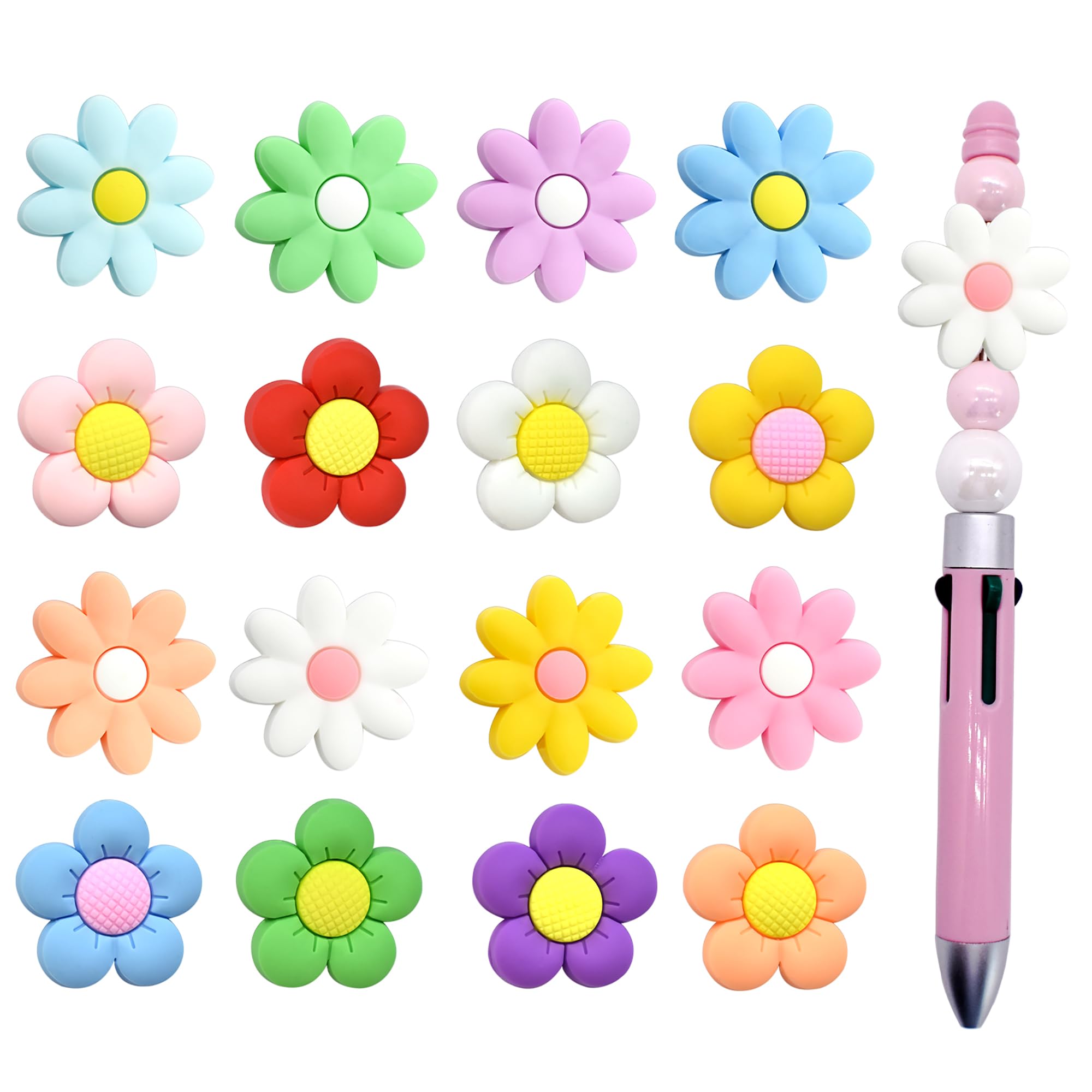 16PCS Colorful Flower Focal Beads Silicone Focal Bead for Pens Cute Flowers Bead Charms for Beadable Pen Keychain Making Necklac