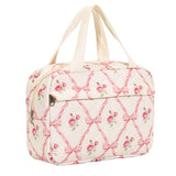 Large Size Quilted Coquette Makeup Bag, Cute Preppy Floral Cotton Travel Cosmetic Organizer Bag with Top Handle, Multi-Layer Tra