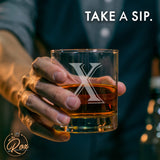 (X-Monogram)- 4 Piece Set of 11 Ounce Engraved Heavy Base Rocks Glasses- Quality Elegant Glass-Multi-Purpose Beverage-Rocks Glas