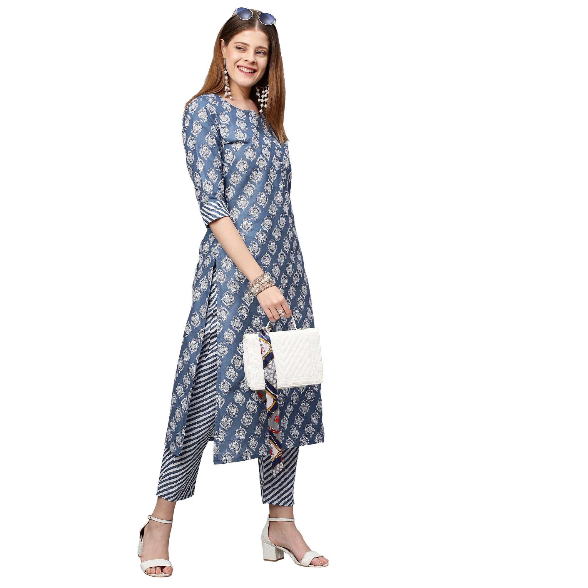 Gosriki Women'S Cotton Blend Printed Straight Kurta With Pant (Funnu New01 Blue_Xxl-Go_Blue_Xx-Large),Blue,2,B0B42MRGB2