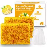 Hunxlio Lemon Kojic Acid Soap, Lemon Turmeric Bar with Vitamin C for Face, Body Hands, Turmeric Soap for Dry Sensitive Skin 2 Ba