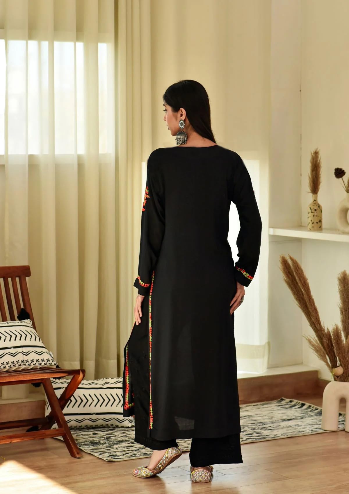 Anni Designer Women'S Cotton Blend Embroidered Straight Kurta (Judge Black_S_Black_Small),Black,S,Cotton Blend,Regular,