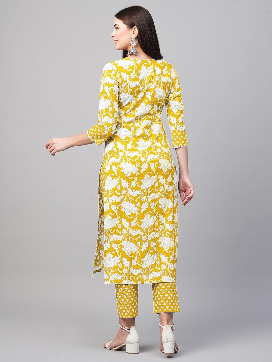 Gosriki Women'S Cotton Blend Printed Straight Kurta With Pant (Pustak Yellow-Gs_S_Begani_Small),Yellow,,B0D9WF37J5