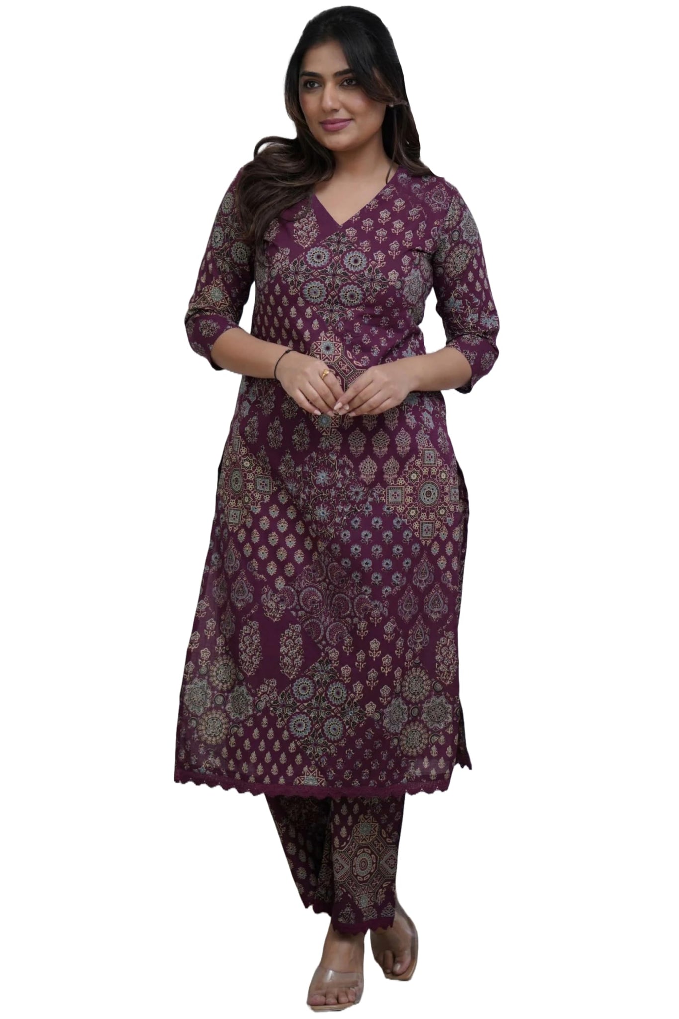 Anni Designer Women'S Rayon Viscose Straight Printed Kurta With Pant (Kadai Wine-Vks01_S_Wine_Small),Wine,S
