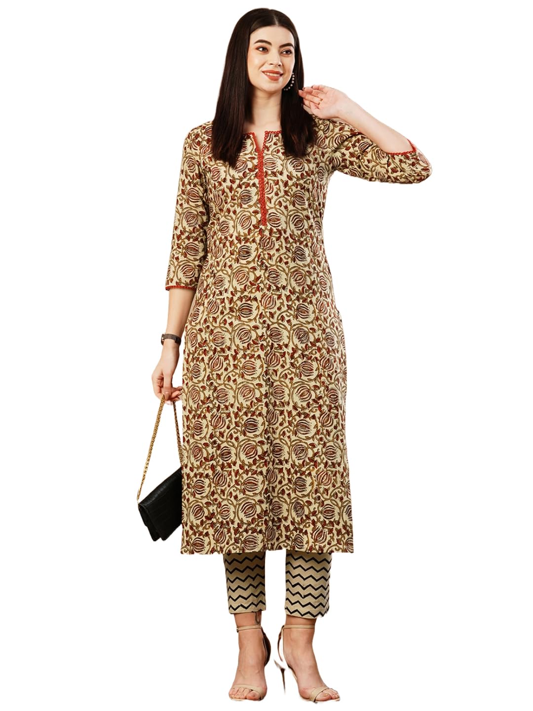 Gosriki Women'S Cotton Blend Straight Printed Kurta With Pant (Gattu Beige-Gs_Xxl_Beige_Xx-Large),Beige,2,B0CSG5S486