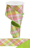 Diagonal Plaid with Fused Back Wired Edge Ribbon - 10 Yards (Spring Green, Light Pink, Yellow, 2.5 Inch)