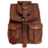 Madosh Genuine Leather Small Backpack Drawstring Hiking Rucksack Travel Brown Bag for Men and Women