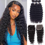 Amella Hair Deep Wave Bundles With Closure Brazilian Virgin Hair Deep Curly 3 Bundles With Lace Closure Free Part 100% Unprocess