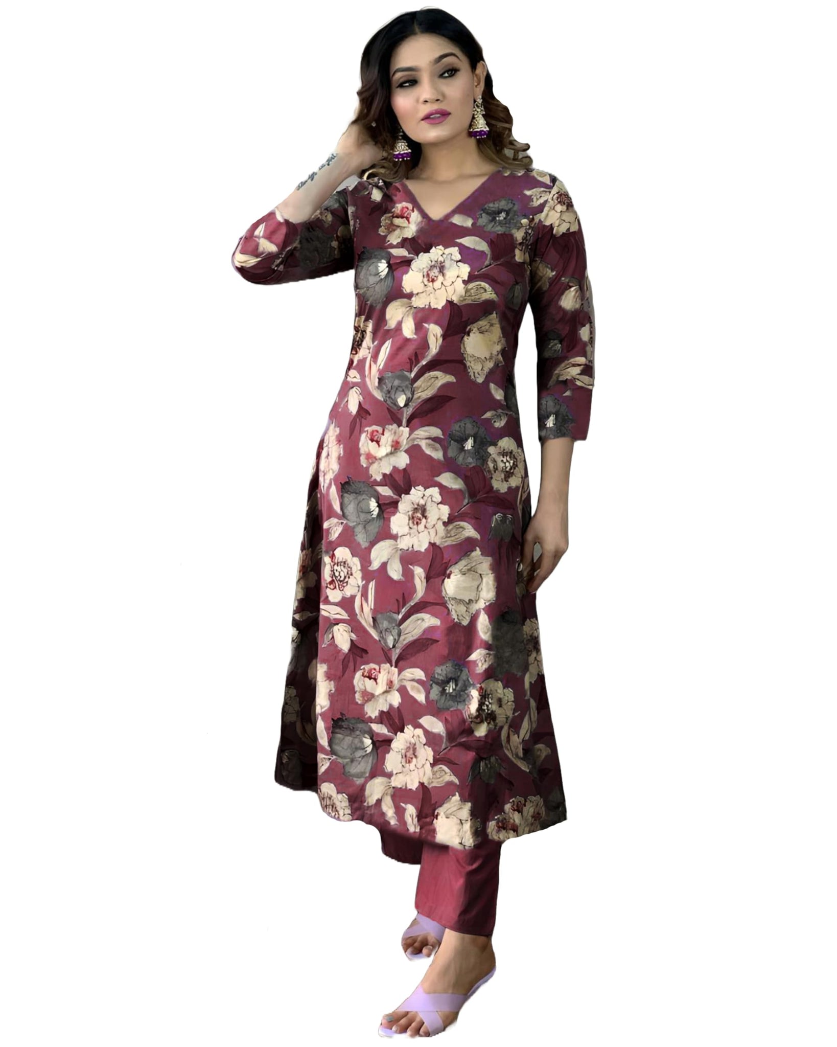 Anni Designer Women'S Cotton Blend Straight Printed Kurta With Pant (Dhun Wine_Xxl_Wine_Xx-Large),Wine,2XL