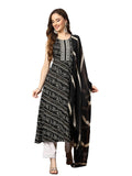 Stylum Women's Bandhani Printed & Embroidered Rayon A-Line Kurta Dupatta Set (KDBLACKBANGO40_Black, L)