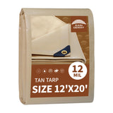 RAINDEWAY 12x20 Feet Heavy Duty Tarp,12 Mil Tan Waterproof Poly Tarp Cover,UV Resistant,Weatherproof,Durable,Multipurpose Tarps 