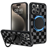 Fiyart Designed for iPhone 15 Pro Max Case Checkered Ring Holder Kickstand Magnetic Bumper Compatible with MagSafe Camera Lens P