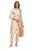 W Cream Floral Printed Women's Kurta Dupatta Bottomwear Set