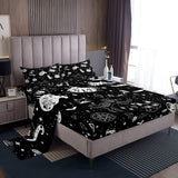 Castle Fairy Cat Skeleton Fitted Sheet Set With 2 Pillowcase Halloween Theme Gothic Skull Bed Sheet Boys Girls Black And White Galaxy Soft Top Flat Sheet Luxury Microfiber King Size -Like New