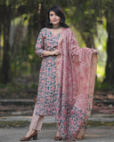 Anni Designer Women'S Cotton Blend Printed Straight Kurta With Pant & Dupatta (Moringa Green-Jl_L_Green_Large),Green,L,,,