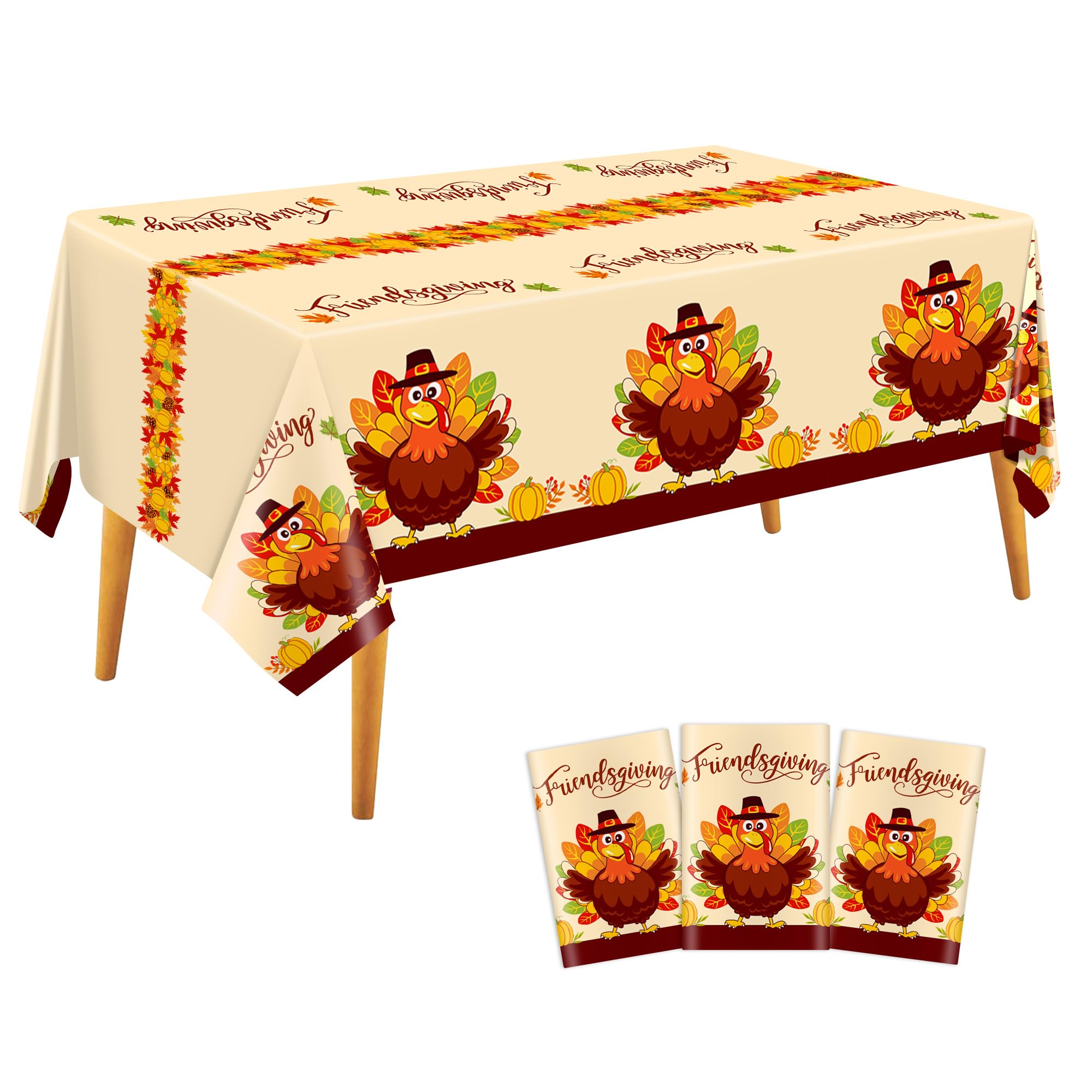 Siawoy 3 Pack Plastic Thanksgiving Tablecloth Disposable,Rectangle Turkey Tablecloth,Vinyl Large Friendsgiving Table Cover for F