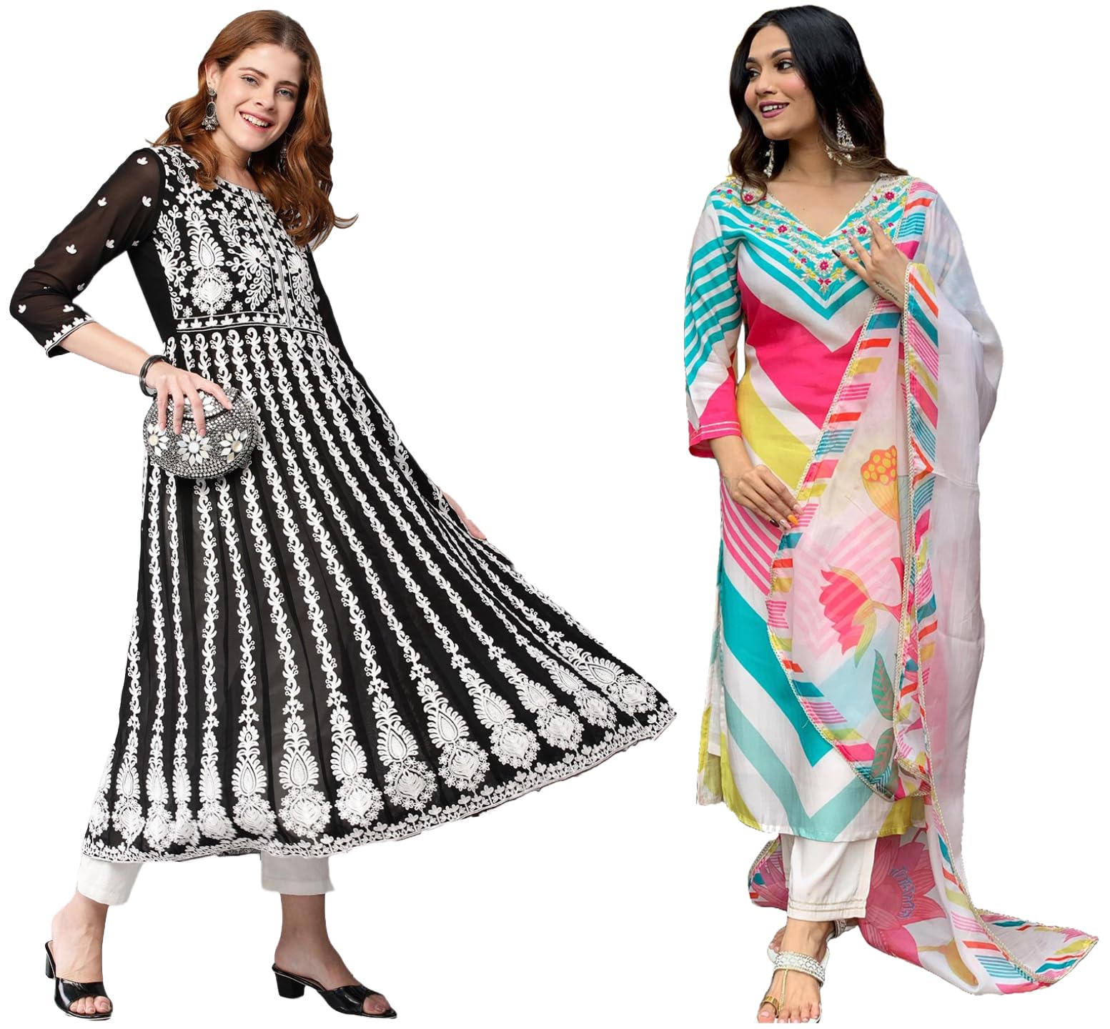 Anni Designer Women'S Cotton Blend Embroidered Straight Kurti Pant Dupatta Set Combo Pack Of 2 (Dhimi Pink & Kari Black_2106_Multicolor_Xx-Large),Multicolour,2XL,,,
