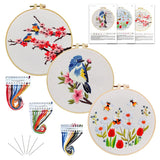 Yutaohui 3 Sets Embroidery Kits Starter Kits Stamped Cross Stitch Kits, 3 Patterns 3 Hoops(20Cm20Cm) Birds,Bees,Flower Embroider