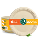 ECO SOUL 100% Compostable 6 Inch Small Paper Plates 200 [2x100 Pc] Small Disposable Party Heavy Duty, Eco-Friendly, Appetizer, D