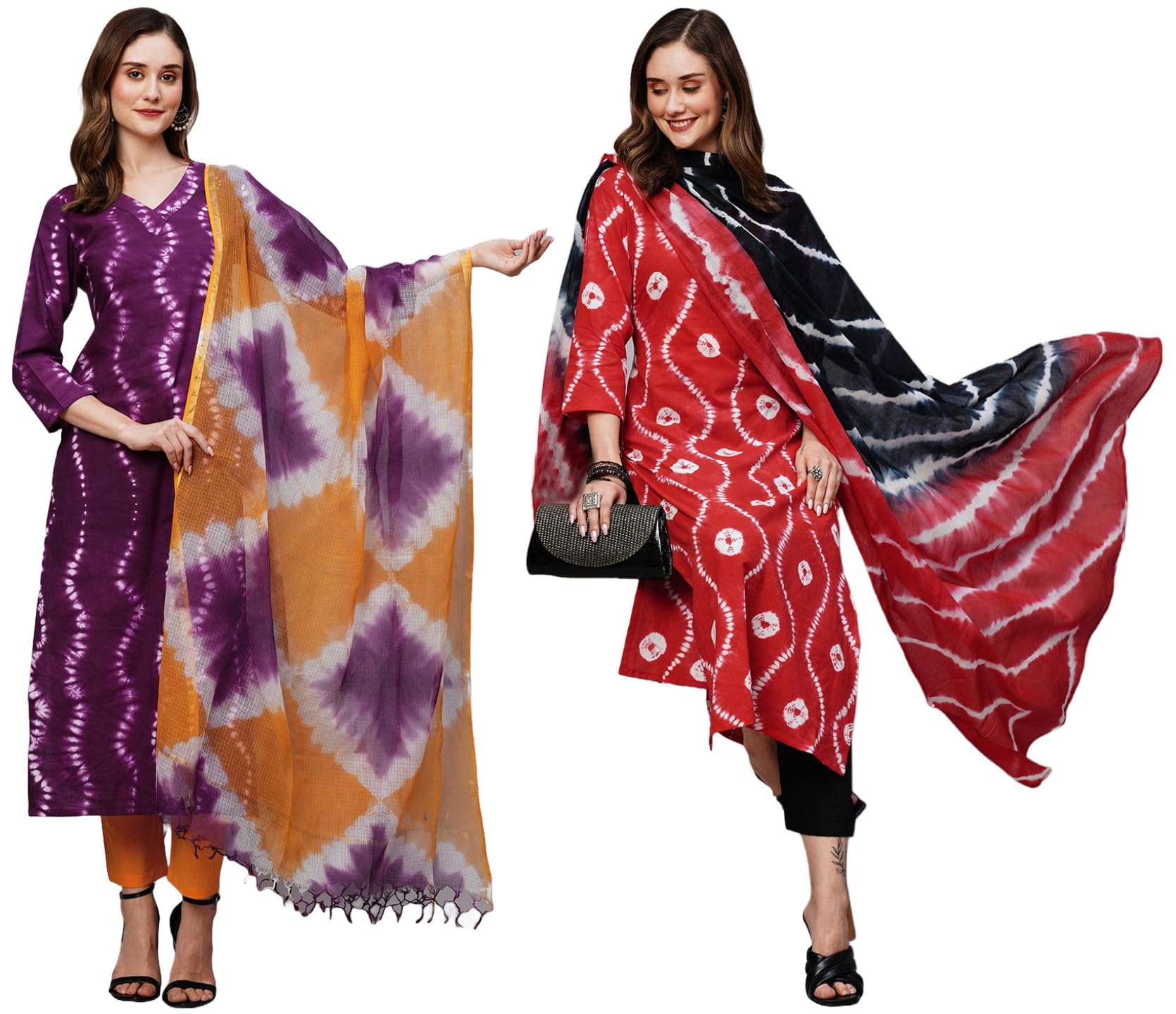 Anni Designer Women'S Cotton Blend Printed Straight Kurta With Pant & Dupatta Pack Of 2 (Combo-Mukhi Pink-Mayavi Red_M_Multi_Medium),Multicolour,M