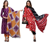 Anni Designer Women'S Cotton Blend Printed Straight Kurta With Pant & Dupatta Pack Of 2 (Combo-Mukhi Pink-Mayavi Red_S_Multi_Small),Multicolour,S