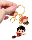 ONCRO 2 in 1 Golden Keychain with lobster claw clasp hook Hary Poter Broom RON Charm Good Luck Key Ring Girls Boys Bike home car