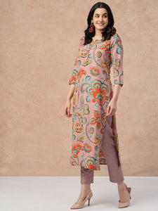 Gosriki Women'S Cotton Blend Straight Printed Kurta With Pant (Tinka Peach-Nw-Gs_S_Peach_Small),Peach,,B0CTXFTYFT