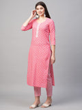 Anni Designer Women'S Cotton Blend Straight Printed Kurta With Pant (Tai Pink_Xl_Pink_X-Large),Pink,XL,Cotton Blend,Regular,Pants