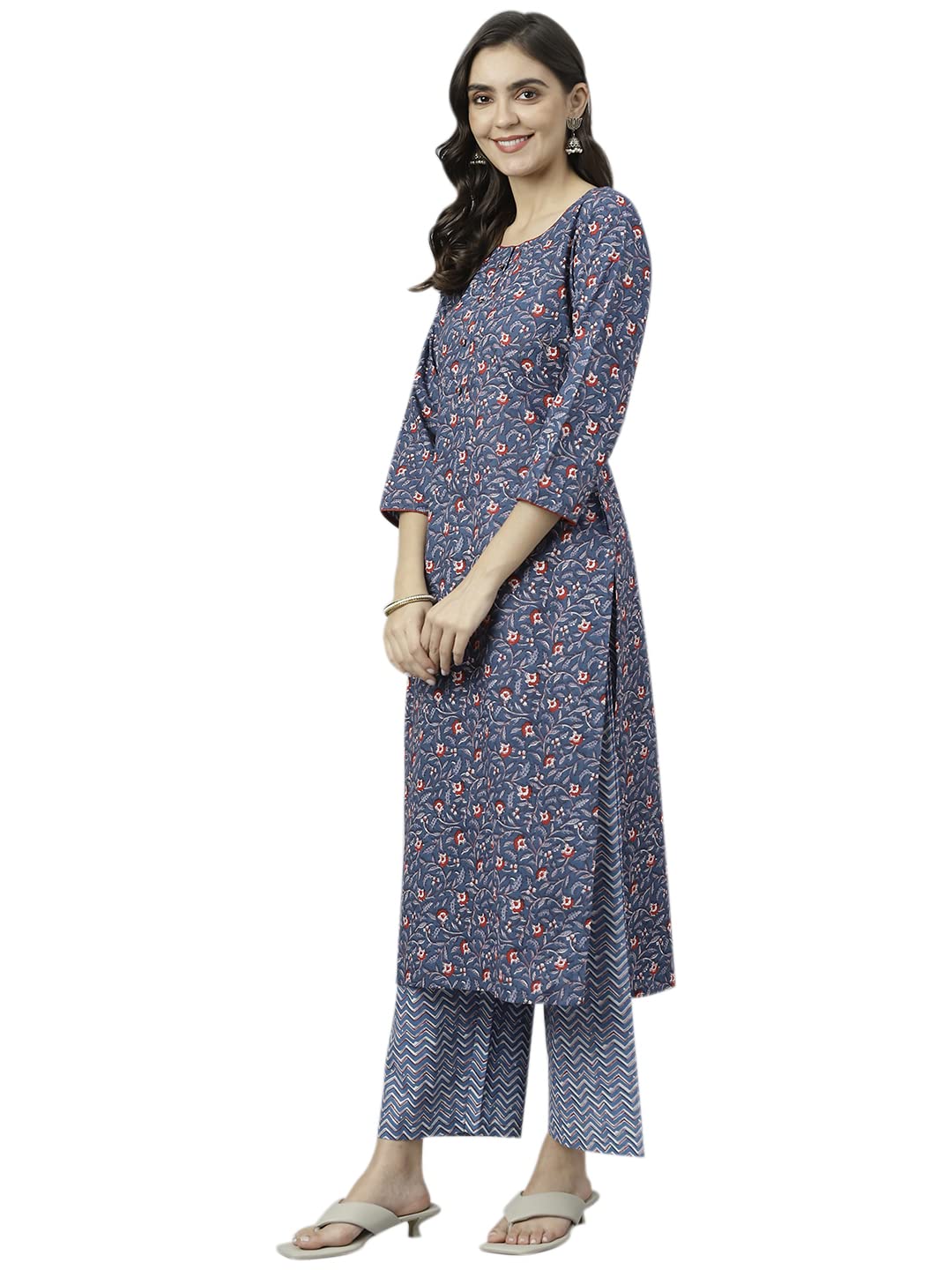 Anni Designer Women'S Cotton Blend Straight Printed Kurta With Palazzo (Qwerty Blue_L_Blue_Large),Blue,L
