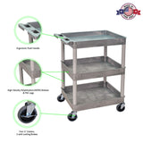 Luxor/H.Wilson Three Shelf Rolling Industrial Utility Tub Cart With Handle, Gray, 24 In W X 18 In D X 39.25 In H