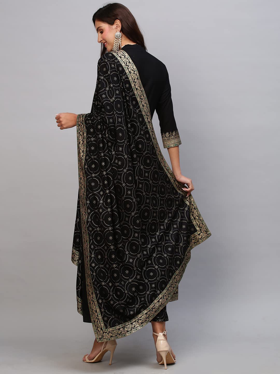 Gosriki Women'S Cotton Blend Solid Anarkali Kurta With Pant & Dupatta (Panchali-Black-Nw-Gs_M_Black_Medium),Black,,B0BSVC9KL1
