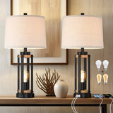 Altgedecor Farmhouse Table Lamps for Living Room Set of 2, 26Rustic Beside Lamps with USB Charging Ports and Night Light, Be