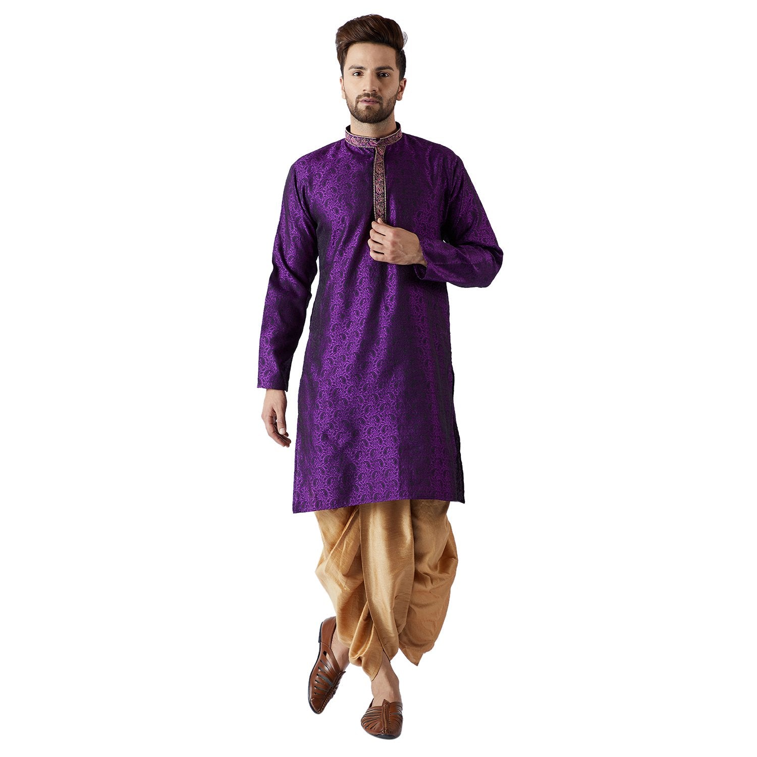 Sojanya (Since 1958, Men'S Purple & Gold Silk Blend Kurta & Dhoti Set, Size: L