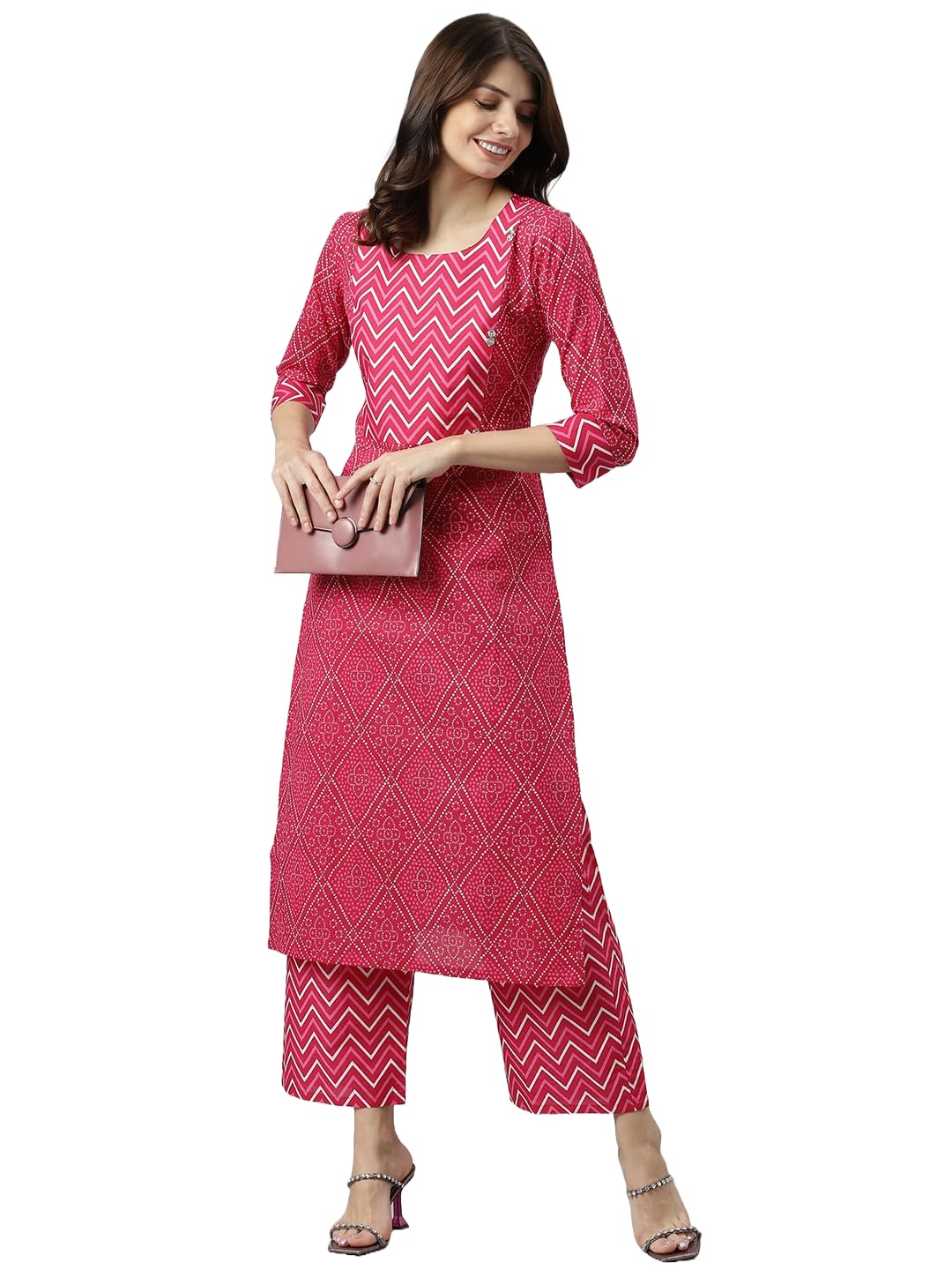 Anni Designer Women'S Cotton Blend Printed Straight Kurta With Palazzo (Pimpli Pink_Xl_Pink_X-Large),Pink,XL