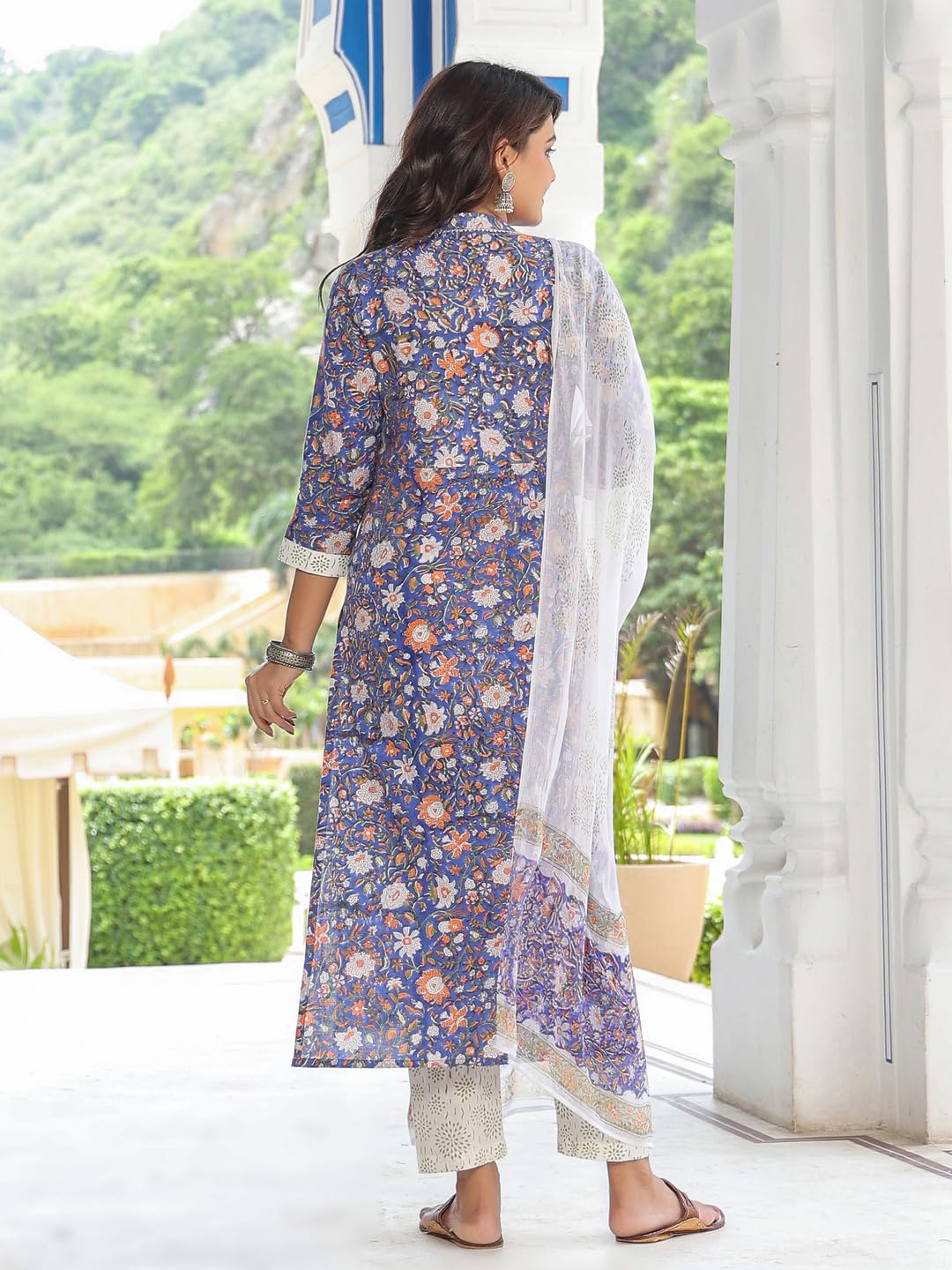 Anni Designer Women'S Cotton Blend Printed Straight Kurta With Pant & Dupatta (Silhot-Blue_L_Blue_Large),Grey,L,Cotton Blend,Regular,Dupatta