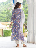 Anni Designer Women'S Cotton Blend Printed Straight Kurta With Pant & Dupatta (Silhot-Blue_L_Blue_Large),Grey,L,Cotton Blend,Regular,Dupatta