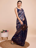 Satrani Women'S Silk Banarasi Jacquard Saree With Unstitched Blouse Piece (3857S223N_Dark Navy Blue)